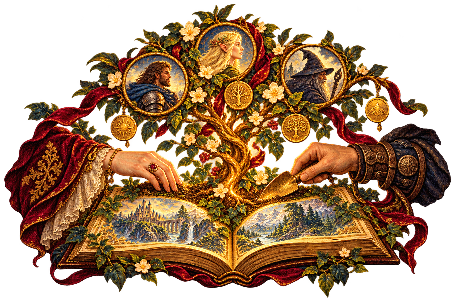 Two creators tend a tree of characters and golden coins growing from a shared storybook