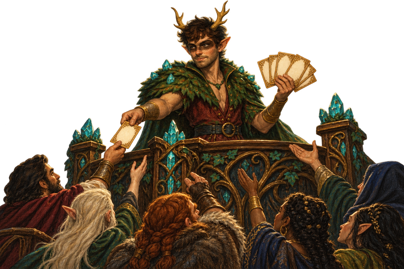 Sylvros hands out narrative role cards from a crystal and carved-wood tribune to the inhabitants of Fantasmagoria