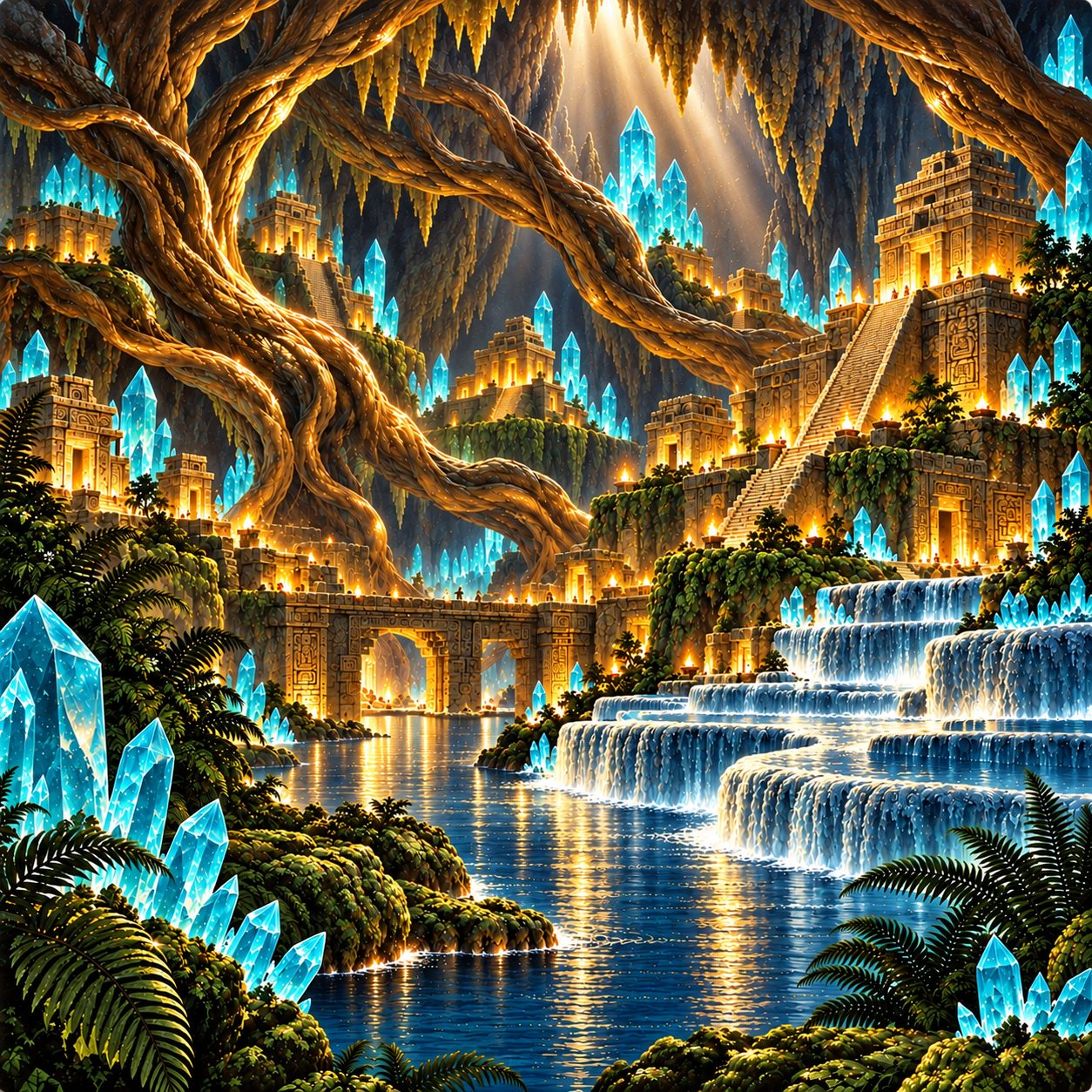 Turquoise crystals and stepped temples beside an underground river